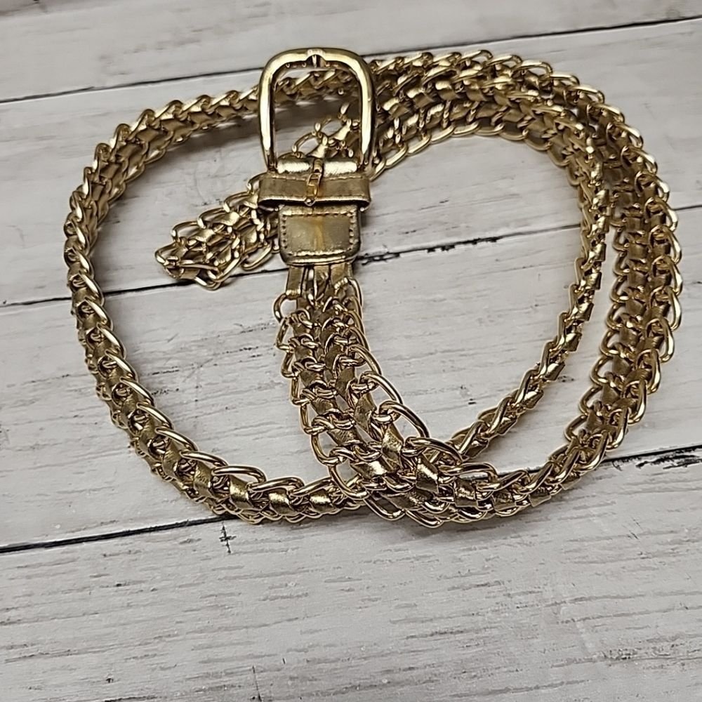 VINTAGE GOLD BUCKLE BELT METAL CHAIN BOHO HIPPIE 1 1/4" SIZE L 45" - Picture 6 of 7